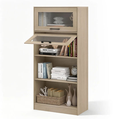4 Tier Bookshelf With Cabinets Natural Wood
