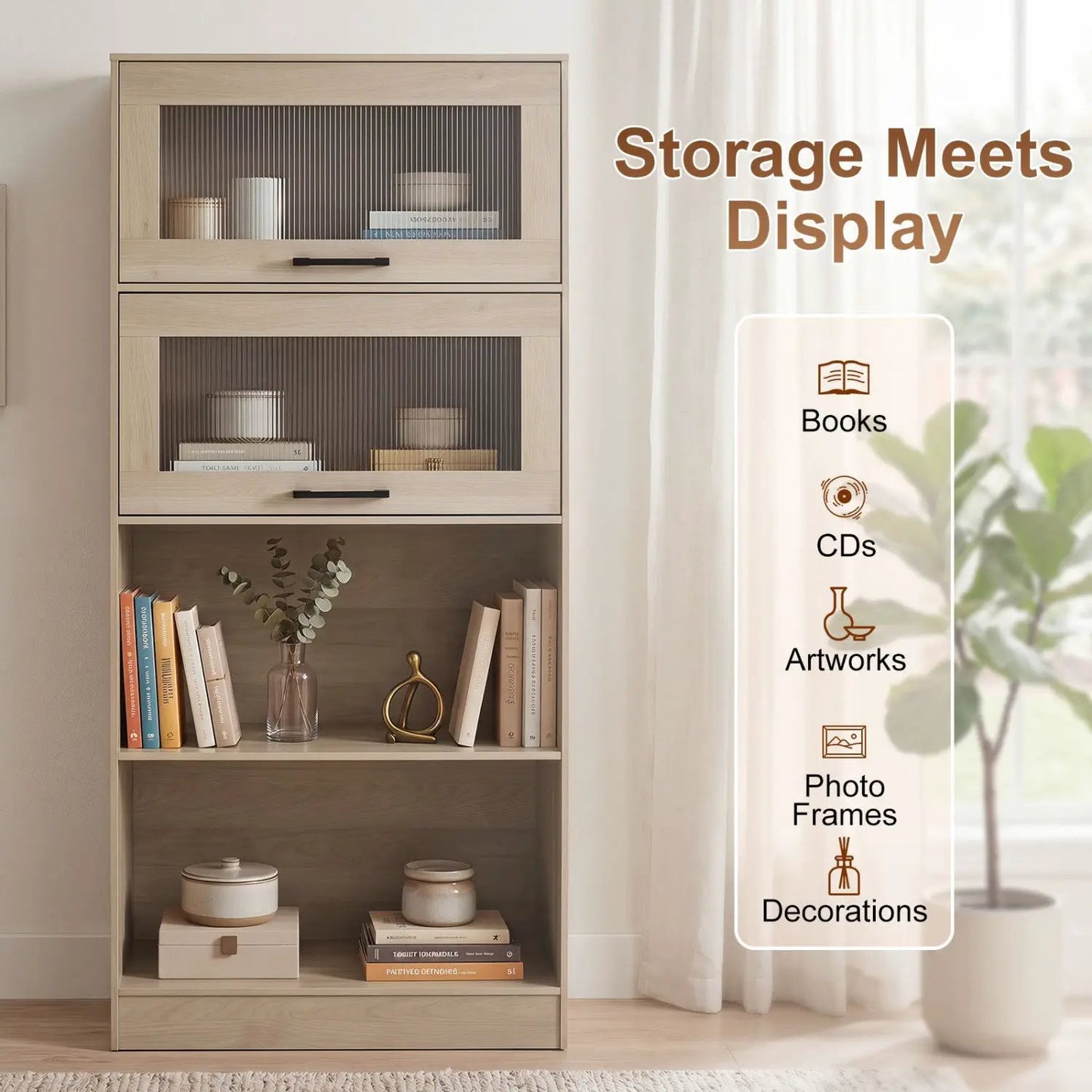 4 Tier Bookshelf With Cabinets Natural Wood