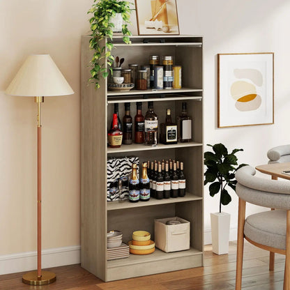 4 Tier Bookshelf With Cabinets Natural Wood