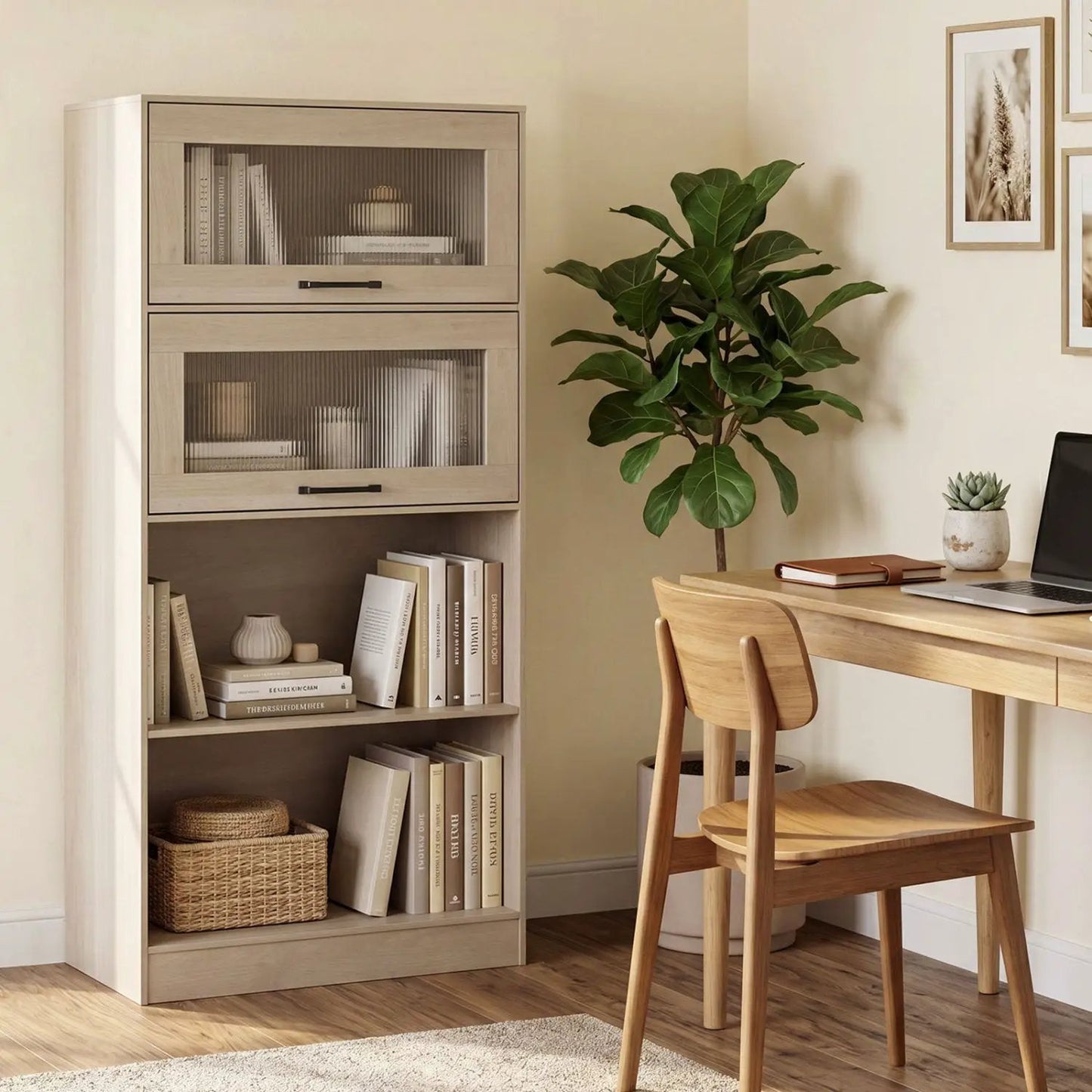4 Tier Bookshelf With Cabinets Natural Wood