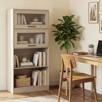 4 Tier Bookshelf With Cabinets Natural Wood