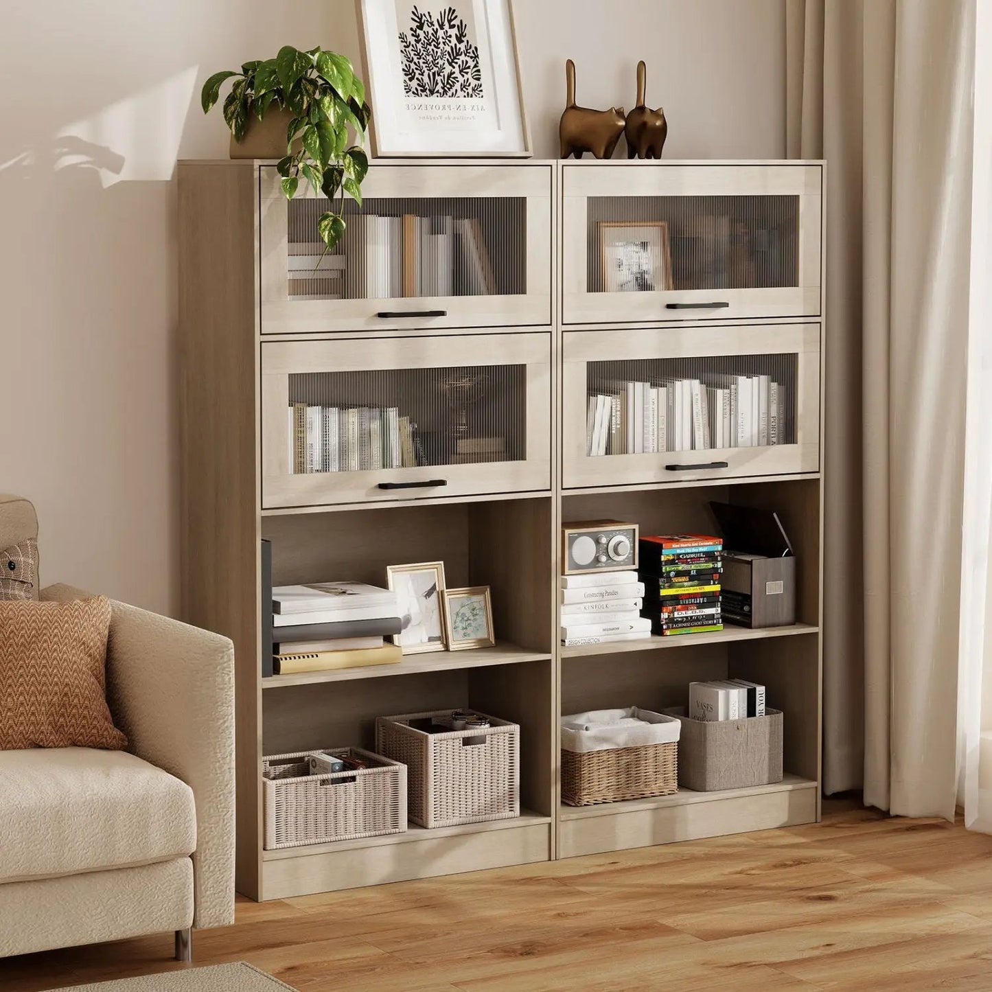 4 Tier Bookshelf With Cabinets Natural Wood