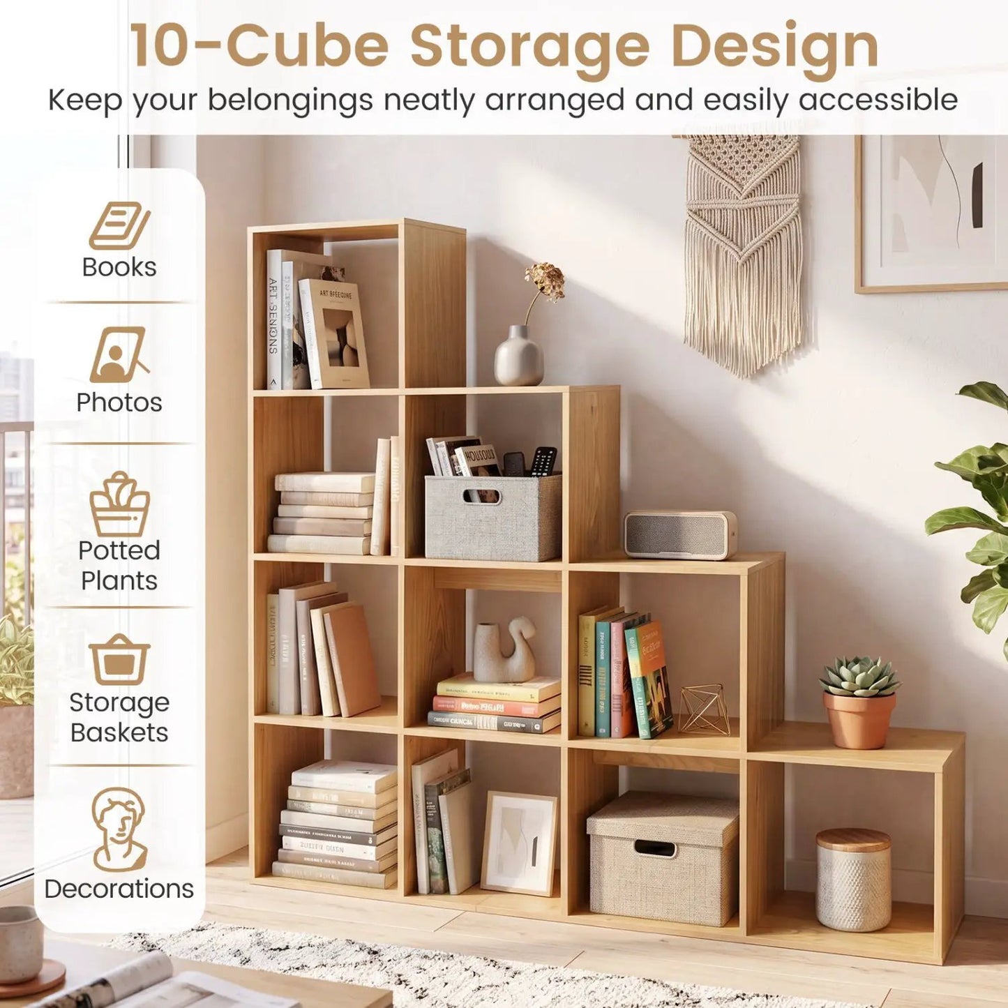 4-Tier Bookshelf 10 Cube Storage and Anti-Tip
