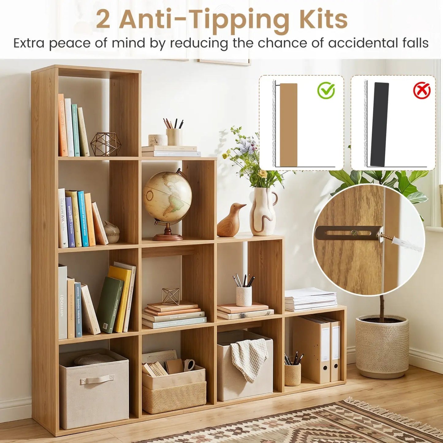 4-Tier Bookshelf 10 Cube Storage and Anti-Tip