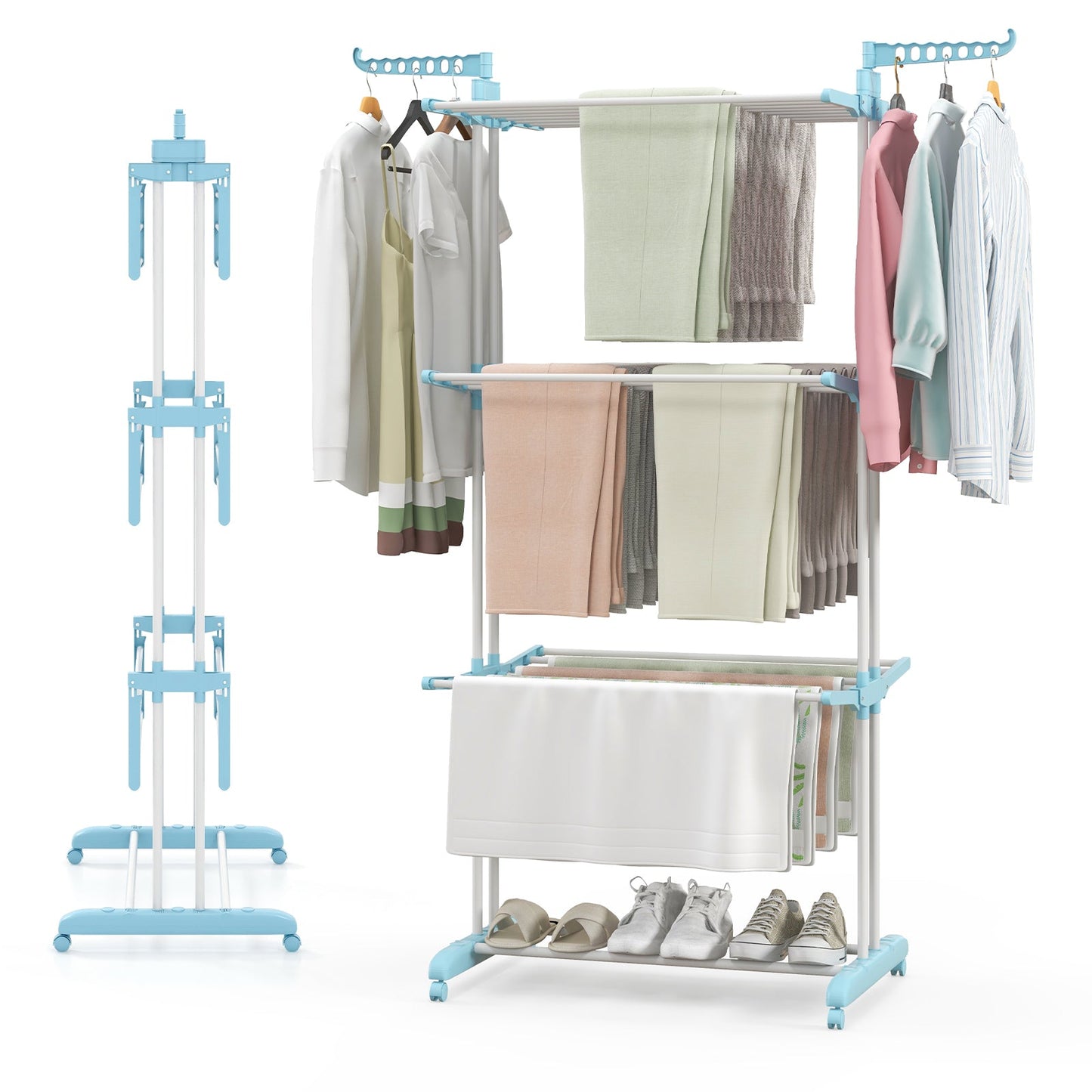 Tendedero de Ropa de 4 Niveles con Alas Laterales Giratorias y Estantes Plegables - Gris