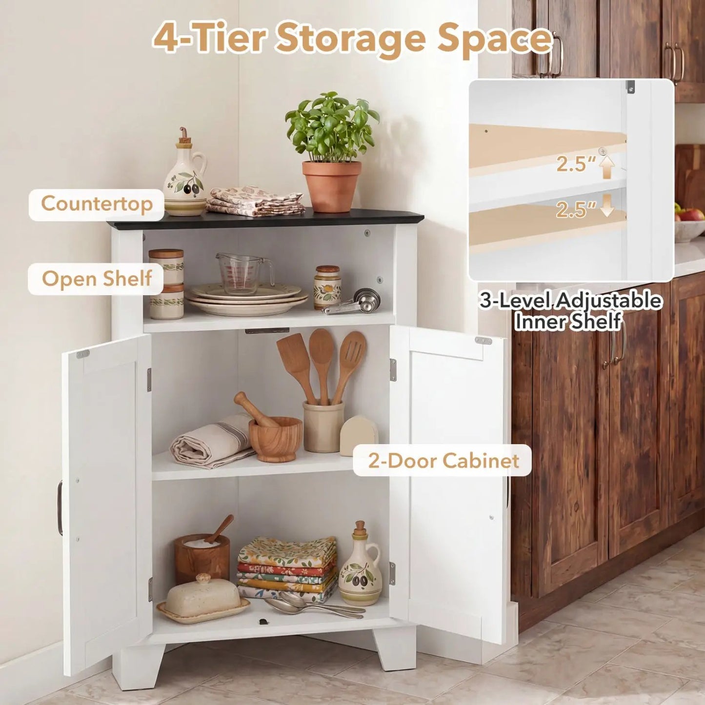 4-Tier Corner Storage Cabinet With Open Shelf