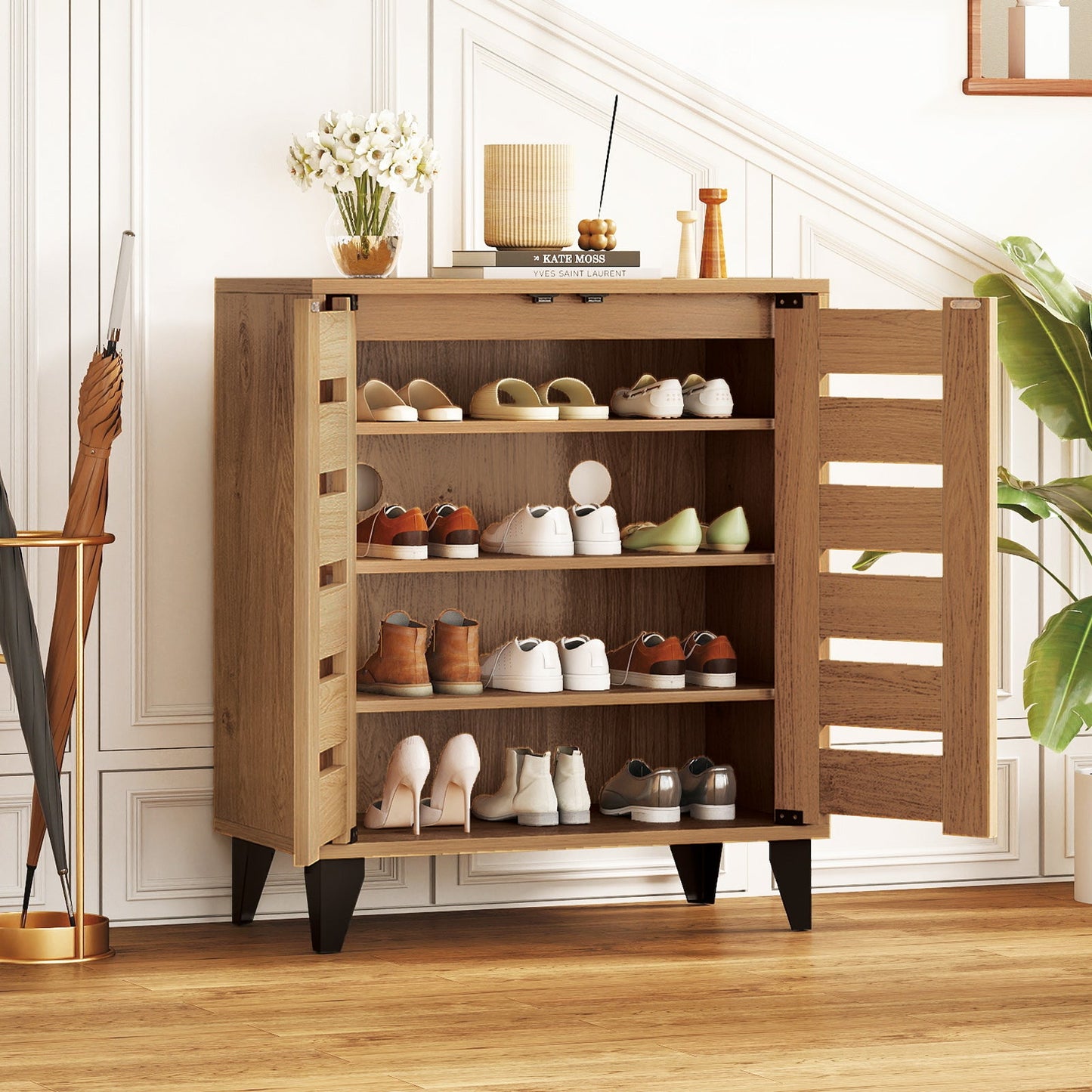 4-Tier Farmhouse Shoe Organizer with Louvered Door