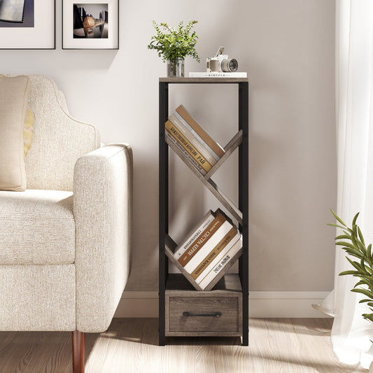 4 Tier Floor Tree Bookshelf with Drawer and Metal Frame-Gray - Tampa Home & Garden Store