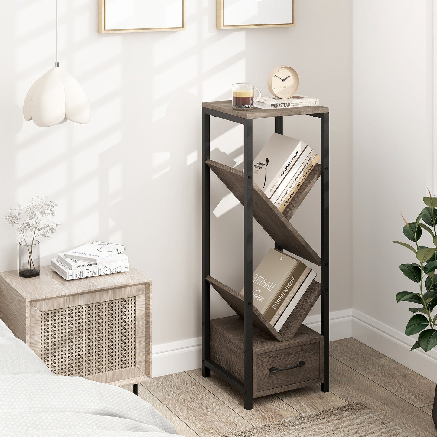 Estantería de árbol de 4 niveles con cajón y estructura de metal - Gris