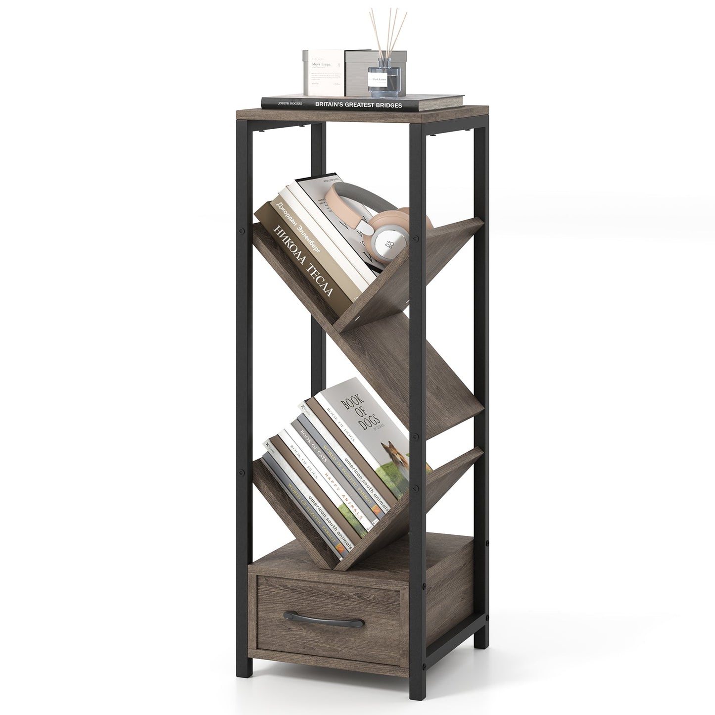 Estantería de árbol de 4 niveles con cajón y estructura de metal - Gris