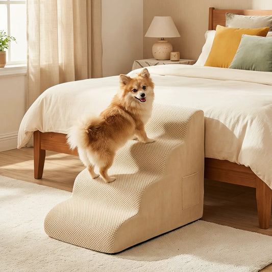 4-Tier foam dog steps with non-slip surface and washable beige cover by DirectDeals on Tampa Home & Garden Store