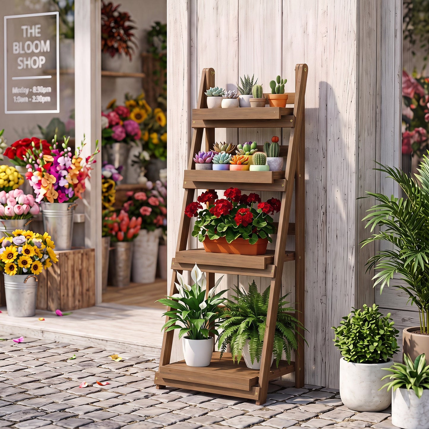 Wooden brown 4-tier foldable plant stand with slatted shelves holding potted succulents on Tampa Home & Garden Store