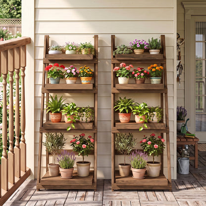 4-Tier Foldable Plant Stand with Slatted Shelves, DirectDeals, brown wood, two stands on porch on Tampa Home & Garden Store