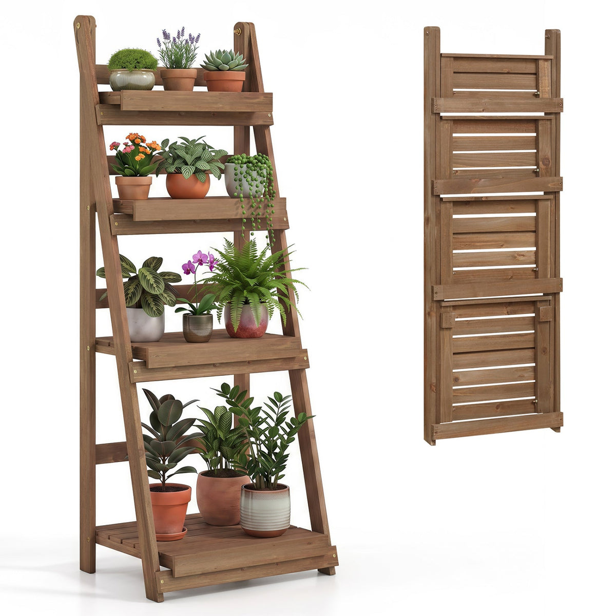 4-Tier Foldable Plant Stand with Slatted Shelves, wood tone, DirectDeals, potted plants on Tampa Home & Garden Store