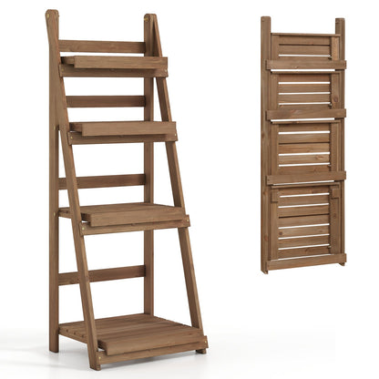 4-Tier Foldable Plant Stand by DirectDeals, brown wooden slatted shelves; two views on Tampa Home & Garden Store
