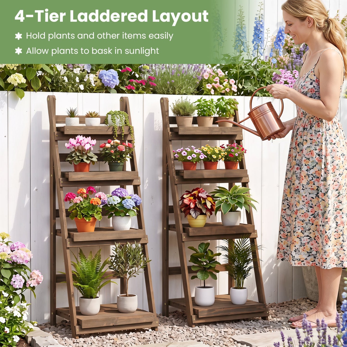 4-Tier Foldable Plant Stand with Slatted Shelves, two brown wood stands with plants DirectDeals on Tampa Home & Garden Store