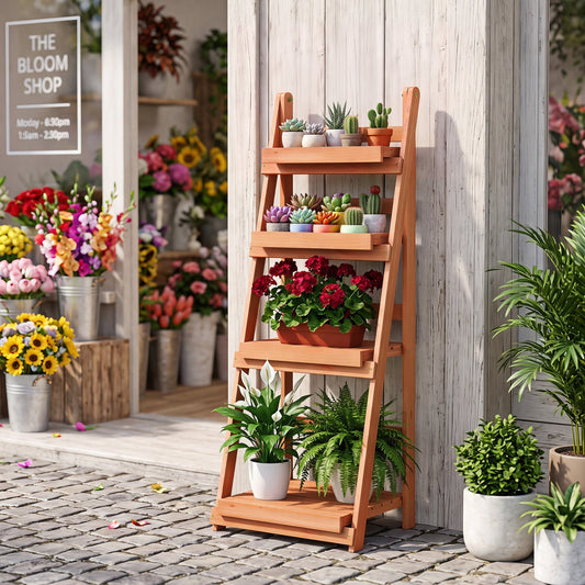 4-Tier Foldable Plant Stand with Slatted Shelves in natural wood by DirectDeals on Tampa Home & Garden Store