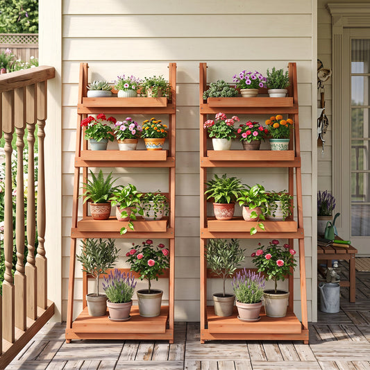4-Tier Foldable Plant Stand with Slatted Shelves DirectDeals orange wood pair on porch on Tampa Home & Garden Store