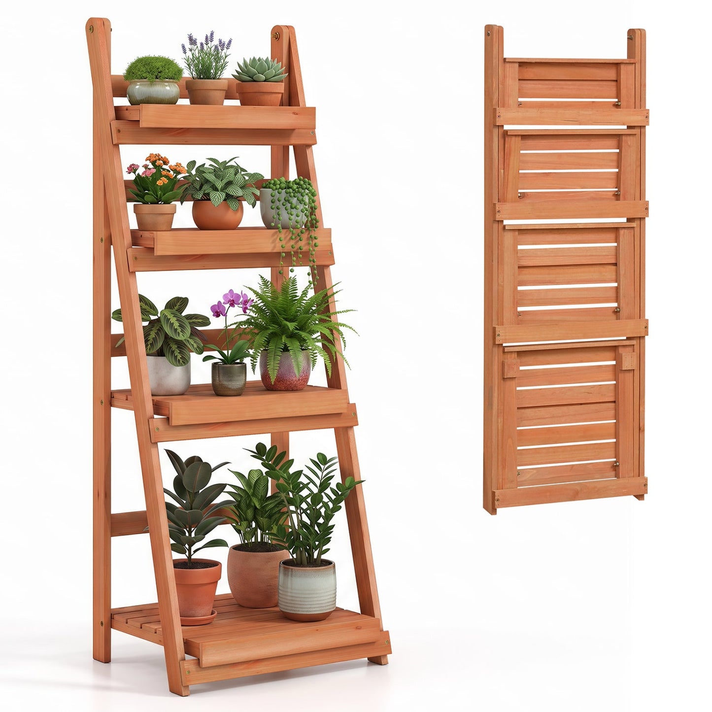 4-Tier Foldable Plant Stand with slatted shelves in natural wood DirectDeals on Tampa Home & Garden Store