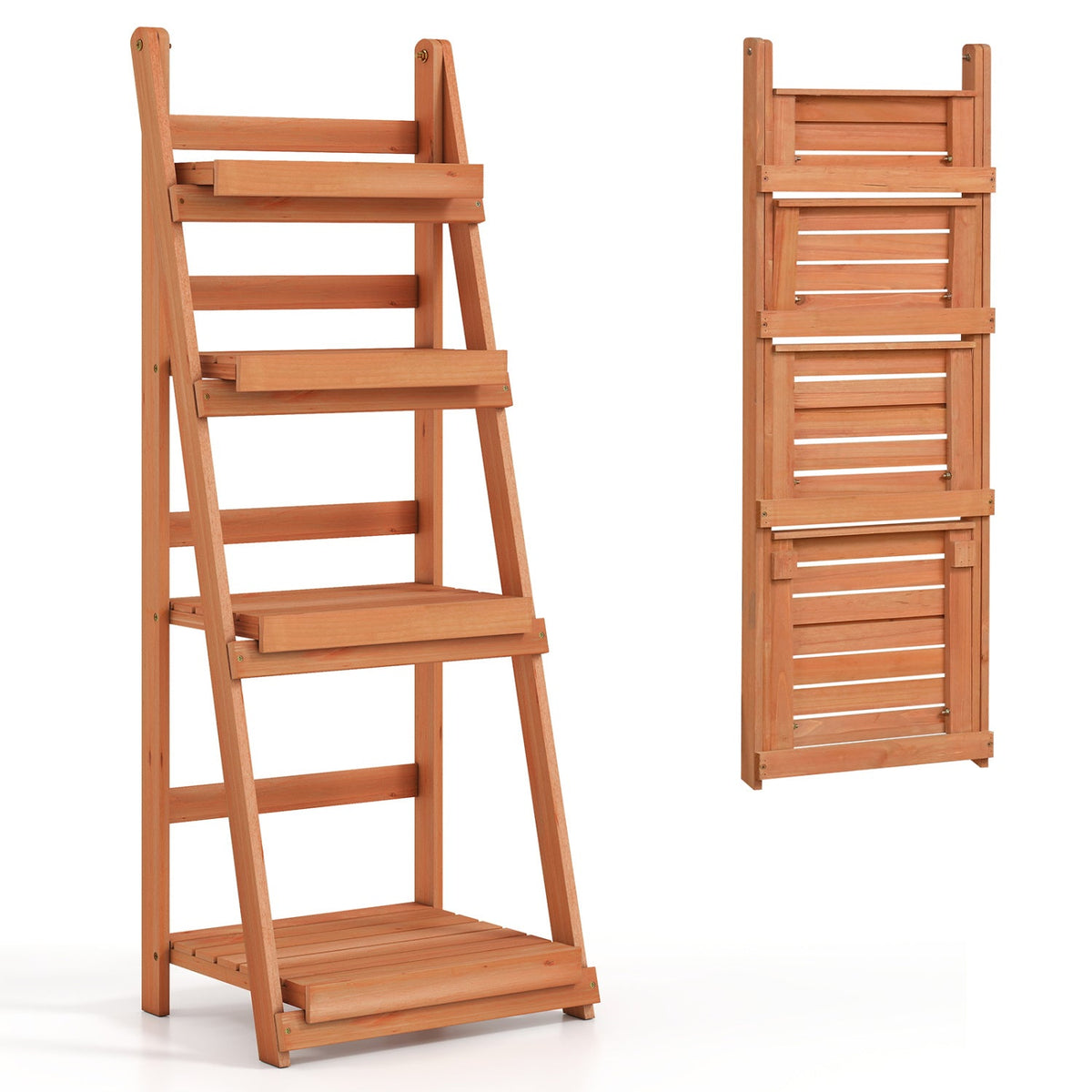 4-Tier Foldable Plant Stand with Slatted Shelves by DirectDeals, natural wood, two views on Tampa Home & Garden Store