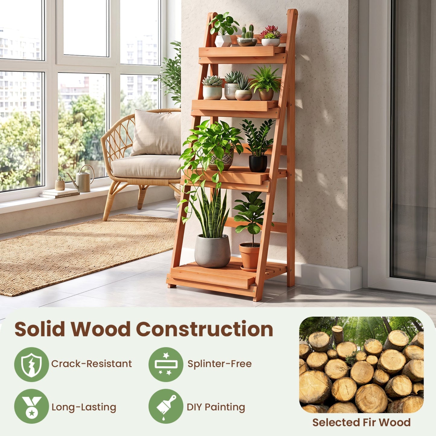 4-Tier Foldable Plant Stand with Slatted Shelves in natural wood by DirectDeals displays plants on Tampa Home & Garden Store