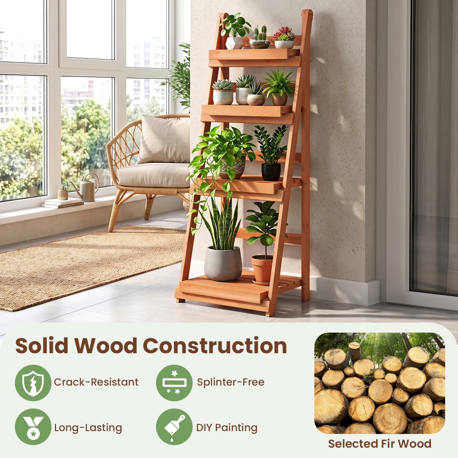 4-Tier Foldable Plant Stand with Slatted Shelves in natural wood by DirectDeals displays plants on Tampa Home & Garden Store