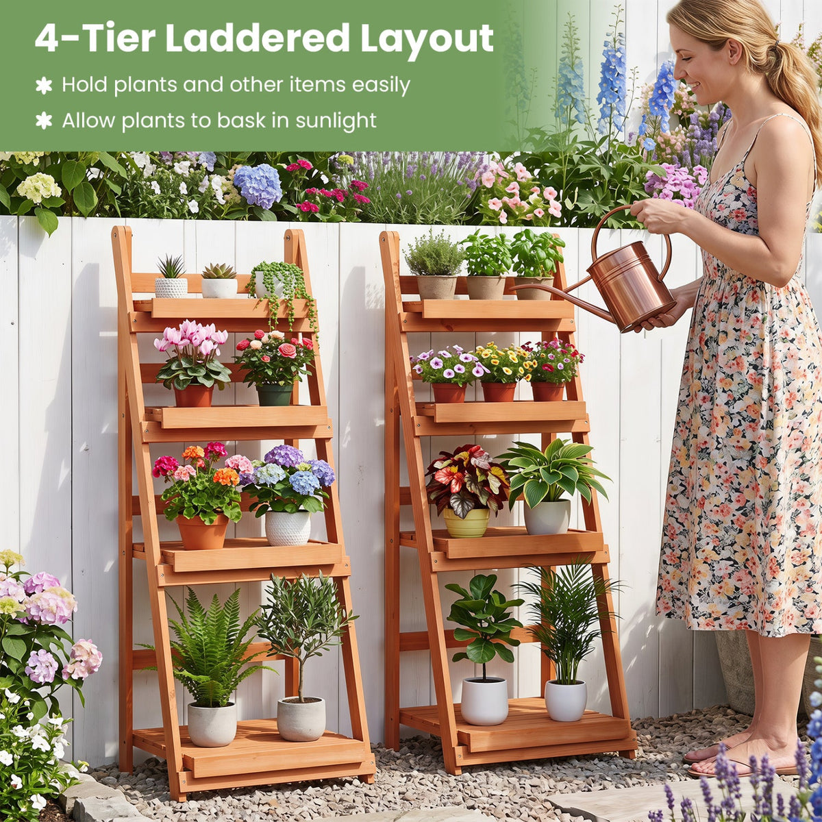 4-Tier Foldable Plant Stand DirectDeals wooden slatted shelves 2 stands with potted plants on Tampa Home & Garden Store