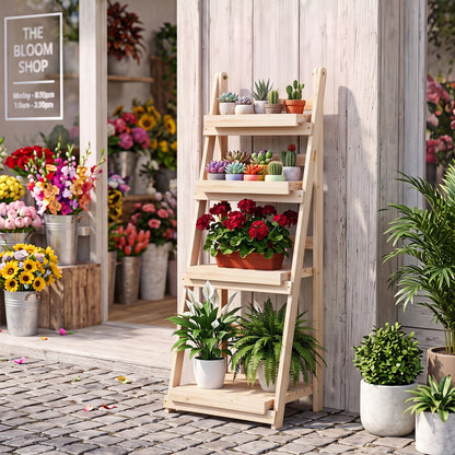 4-Tier Foldable Plant Stand in wood with slatted shelves holding succulents by DirectDeals on Tampa Home & Garden Store