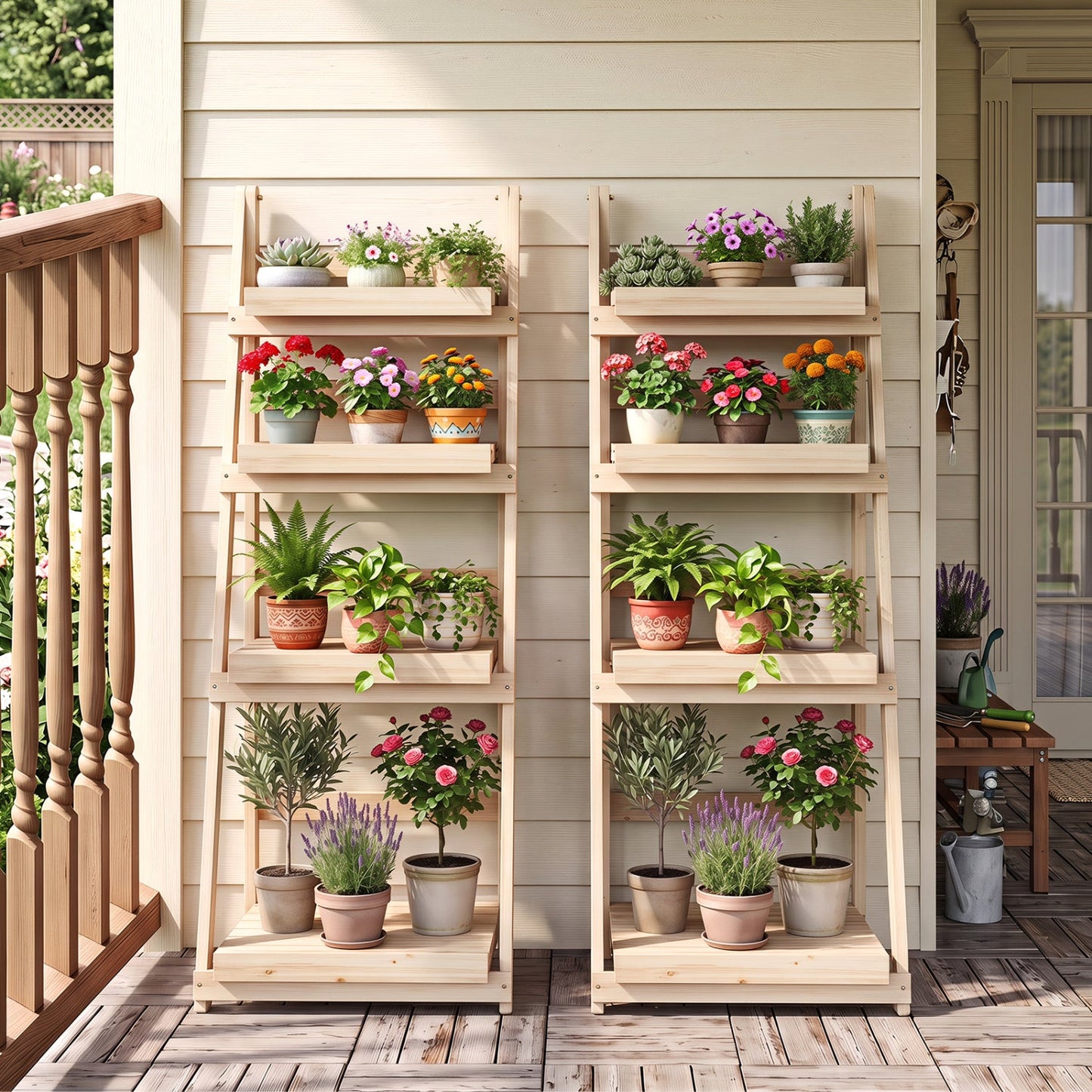 4-Tier Foldable Plant Stand with Slatted Shelves by DirectDeals, 2 wood stands with plants on Tampa Home & Garden Store