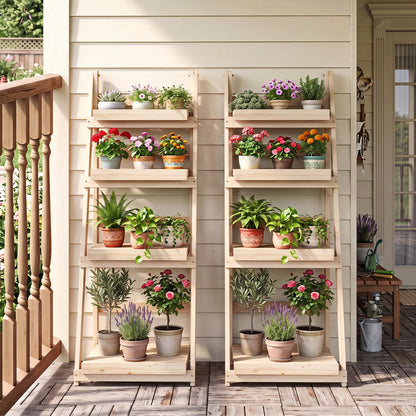 4-Tier Foldable Plant Stand with Slatted Shelves by DirectDeals, 2 wood stands with plants on Tampa Home & Garden Store