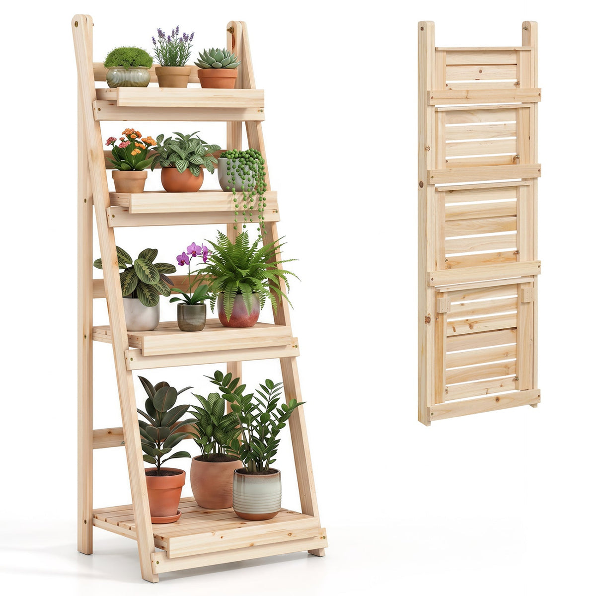 4-Tier Foldable Plant Stand with Slatted Shelves in natural wood by DirectDeals, display on Tampa Home & Garden Store