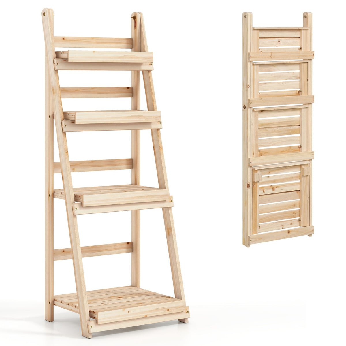 4-Tier Foldable Plant Stand DirectDeals, natural wood ladder-style with slatted shelves on Tampa Home & Garden Store