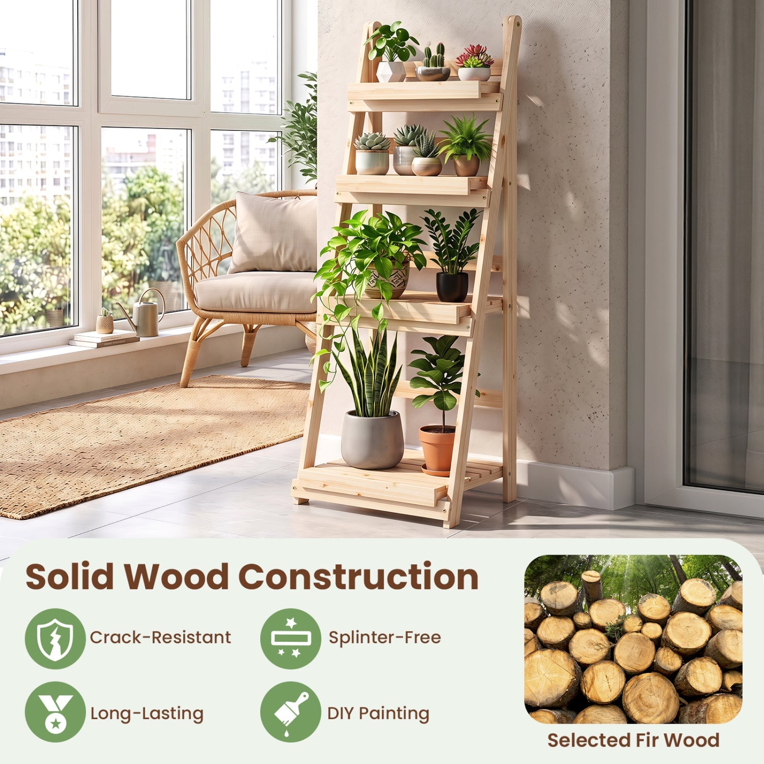 4-Tier Foldable Plant Stand with Slatted Shelves wood by DirectDeals holding plants on Tampa Home & Garden Store