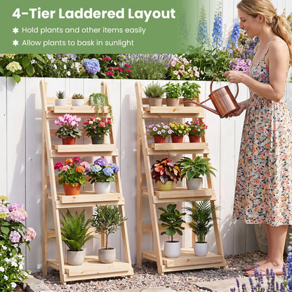 4-Tier Foldable Plant Stand with Slatted Shelves in natural wood, two stands holding assorted potted plants on Tampa Home & Garden Store