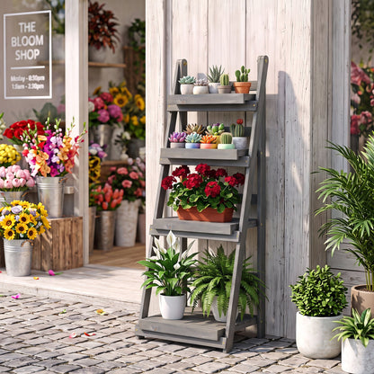 4-Tier Foldable Plant Stand with Shelves in gray wood, holds succulent pots on top shelves on Tampa Home & Garden Store