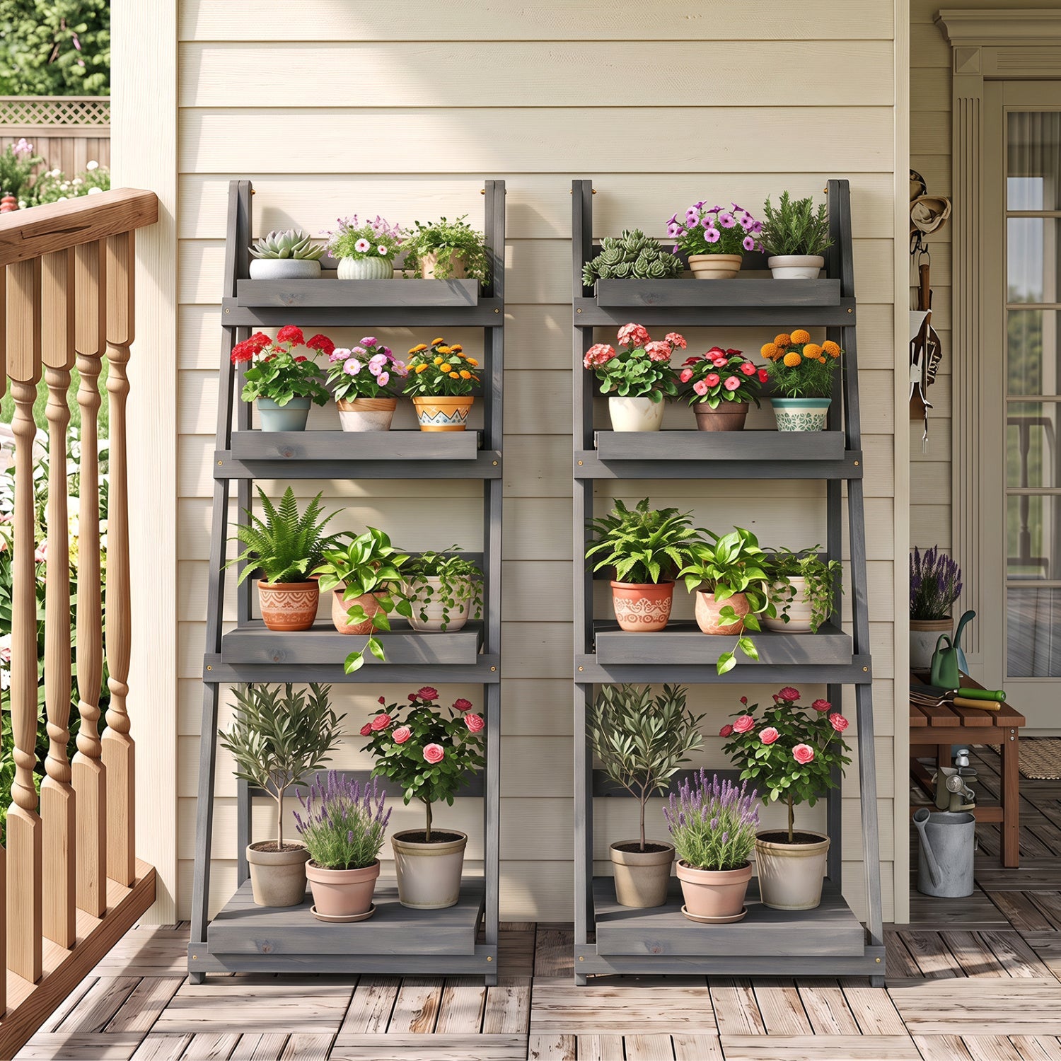 4-Tier Foldable Plant Stand with Slatted Shelves in gray, two units with potted flowers on porch on Tampa Home & Garden Store