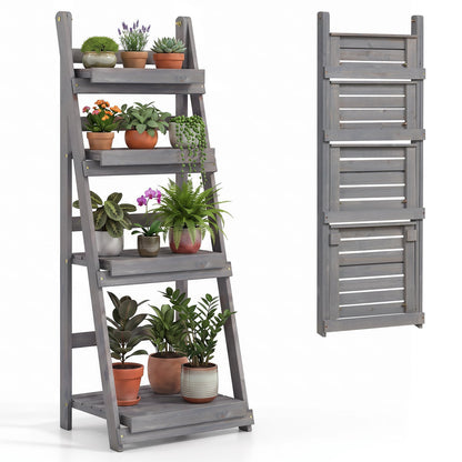 4-Tier Foldable Plant Stand with Slatted Shelves graywashed wood by DirectDeals holds plants on Tampa Home & Garden Store