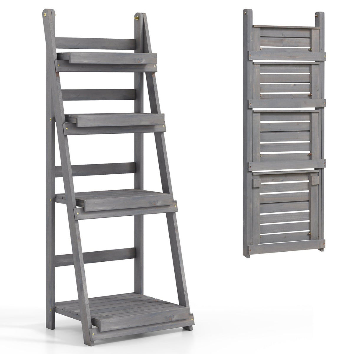 4-Tier Foldable Plant Stand with Slatted Shelves graywashed wood by DirectDeals on Tampa Home & Garden Store