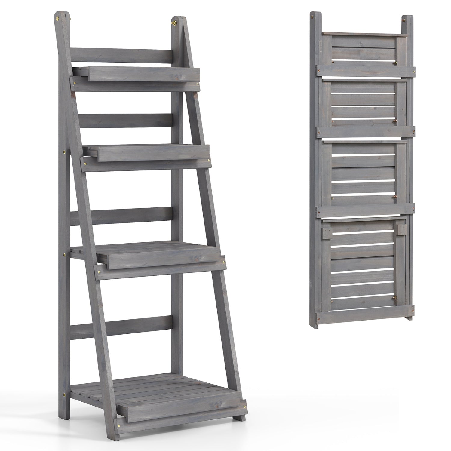 4-Tier Foldable Plant Stand with Slatted Shelves graywashed wood by DirectDeals on Tampa Home & Garden Store