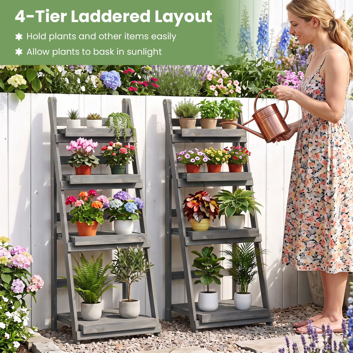 4-Tier Foldable Plant Stand with Slatted Shelves; two gray stands hold colorful potted blooms on Tampa Home & Garden Store