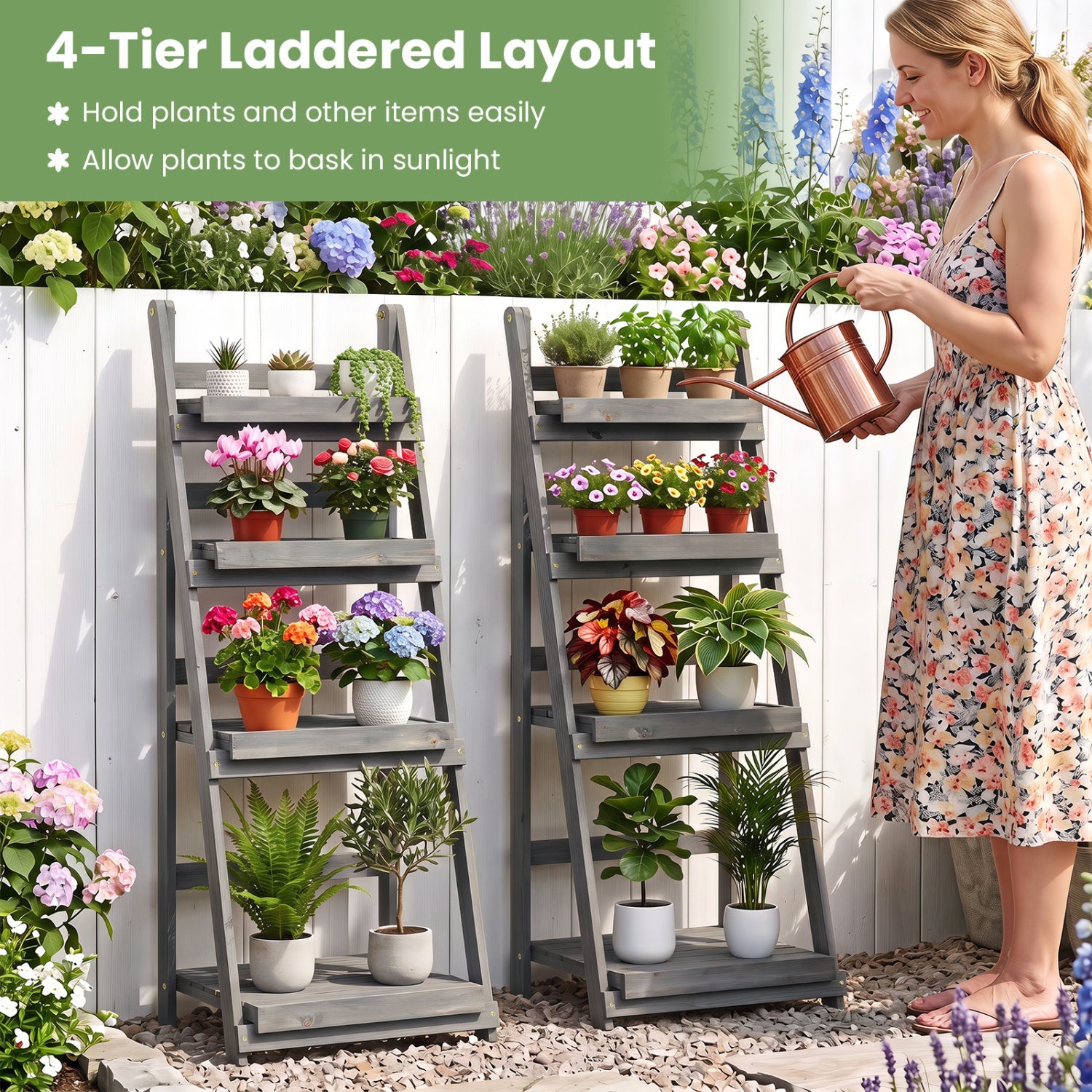 4-Tier Foldable Plant Stand with Slatted Shelves; two gray stands hold colorful potted blooms on Tampa Home & Garden Store