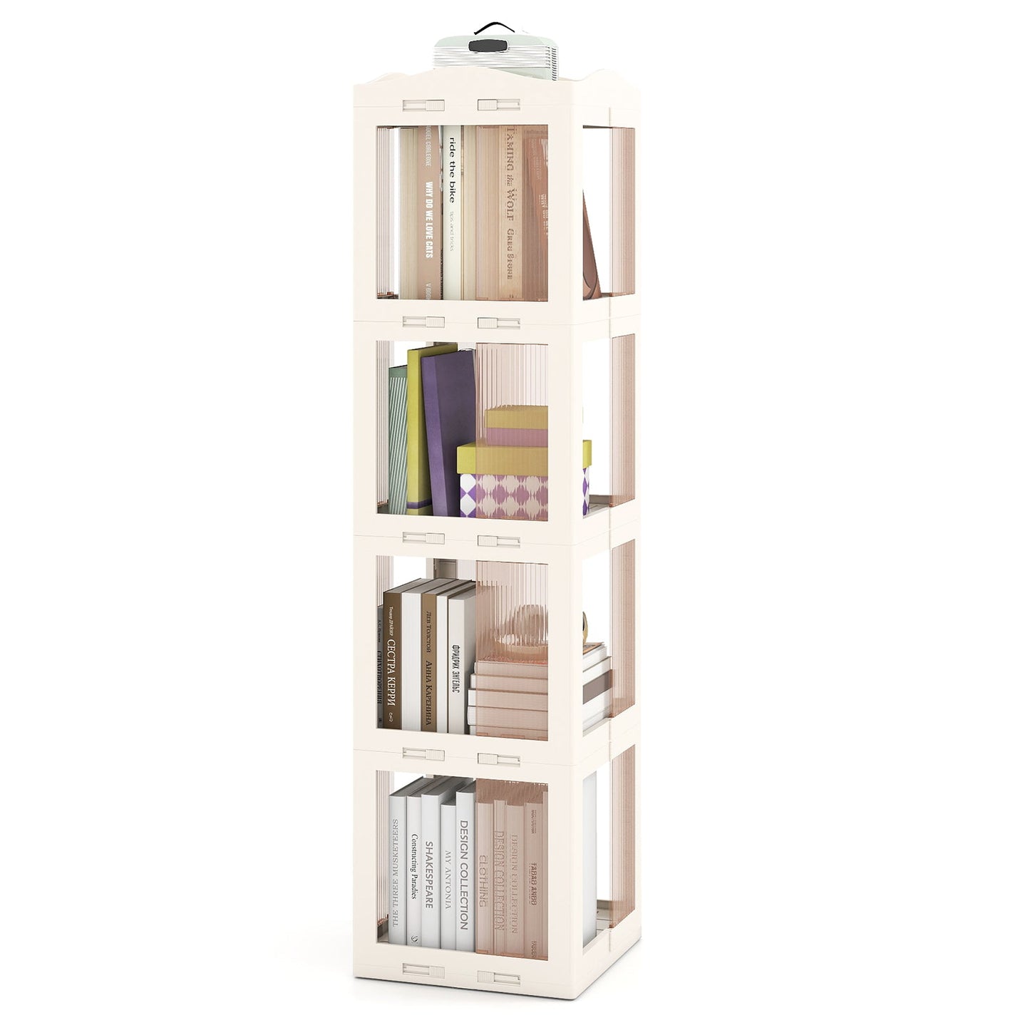 4-Tier Foldable Rotating Bookshelf with Swivel Base and Translucent Panels-White - Tampa Home & Garden Store
