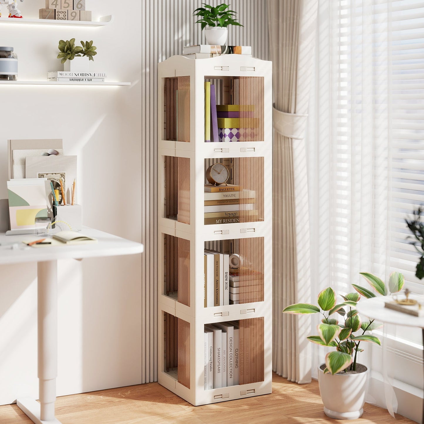 4-Tier Foldable Rotating Bookshelf with Swivel Base and Translucent Panels-White - Tampa Home & Garden Store