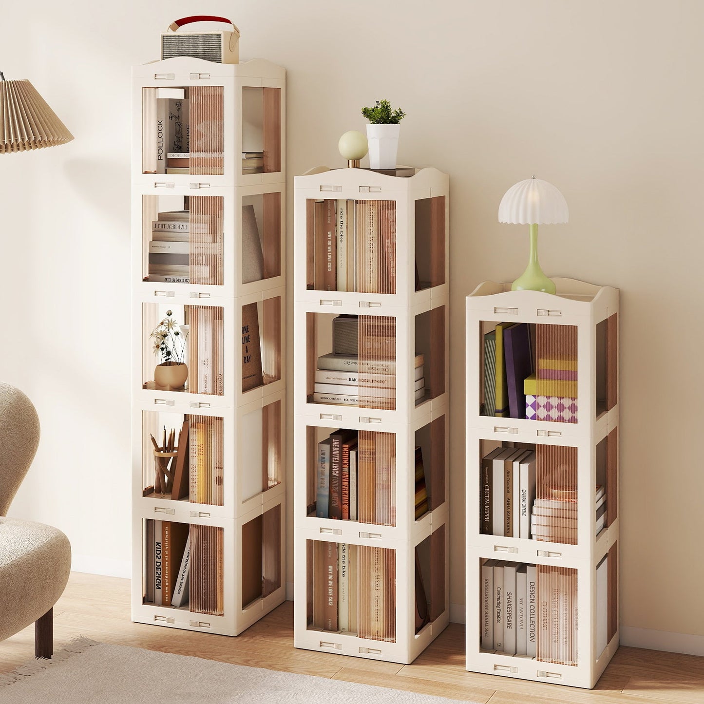 4-Tier Foldable Rotating Bookshelf with Swivel Base and Translucent Panels-White - Tampa Home & Garden Store