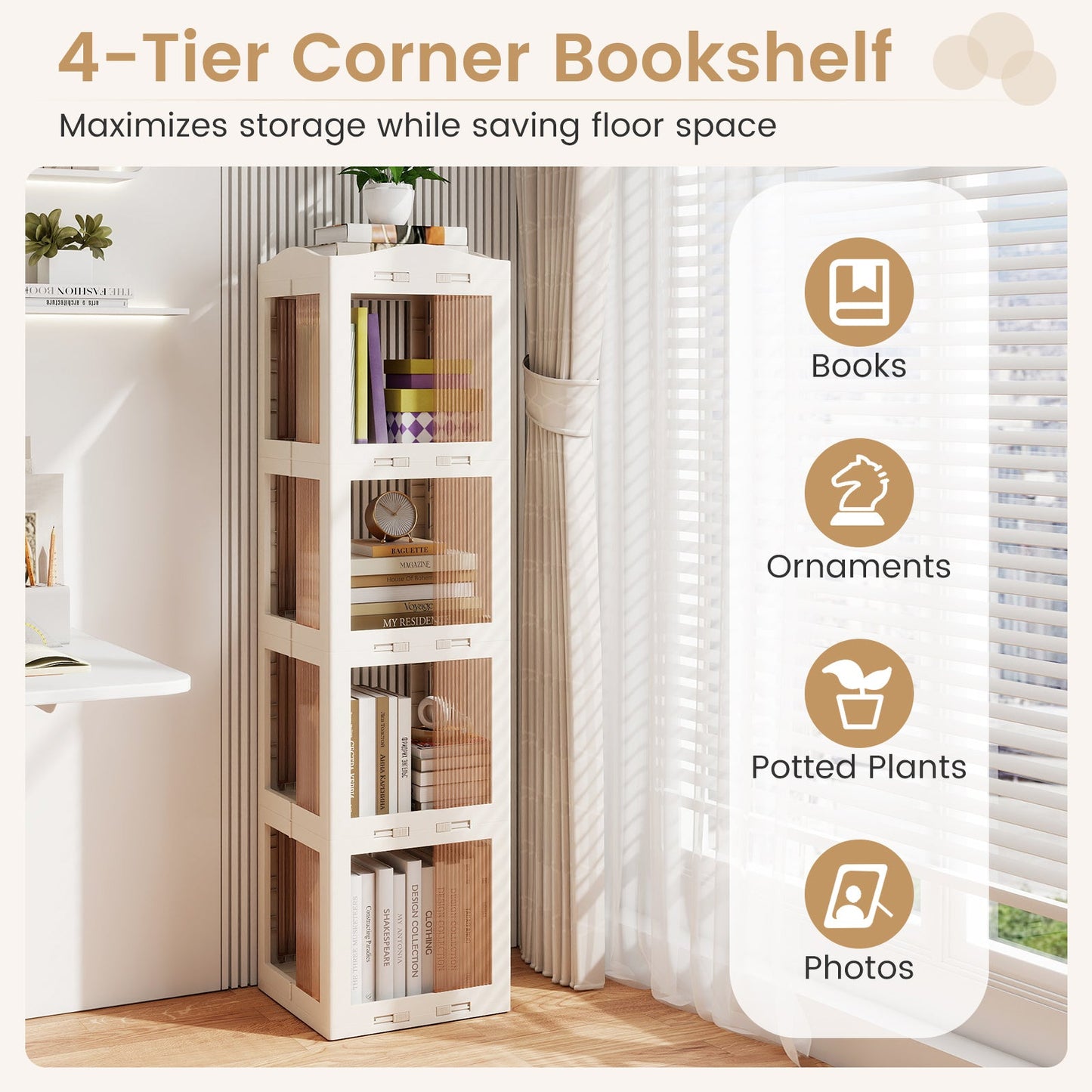 4-Tier Foldable Rotating Bookshelf with Swivel Base and Translucent Panels-White - Tampa Home & Garden Store