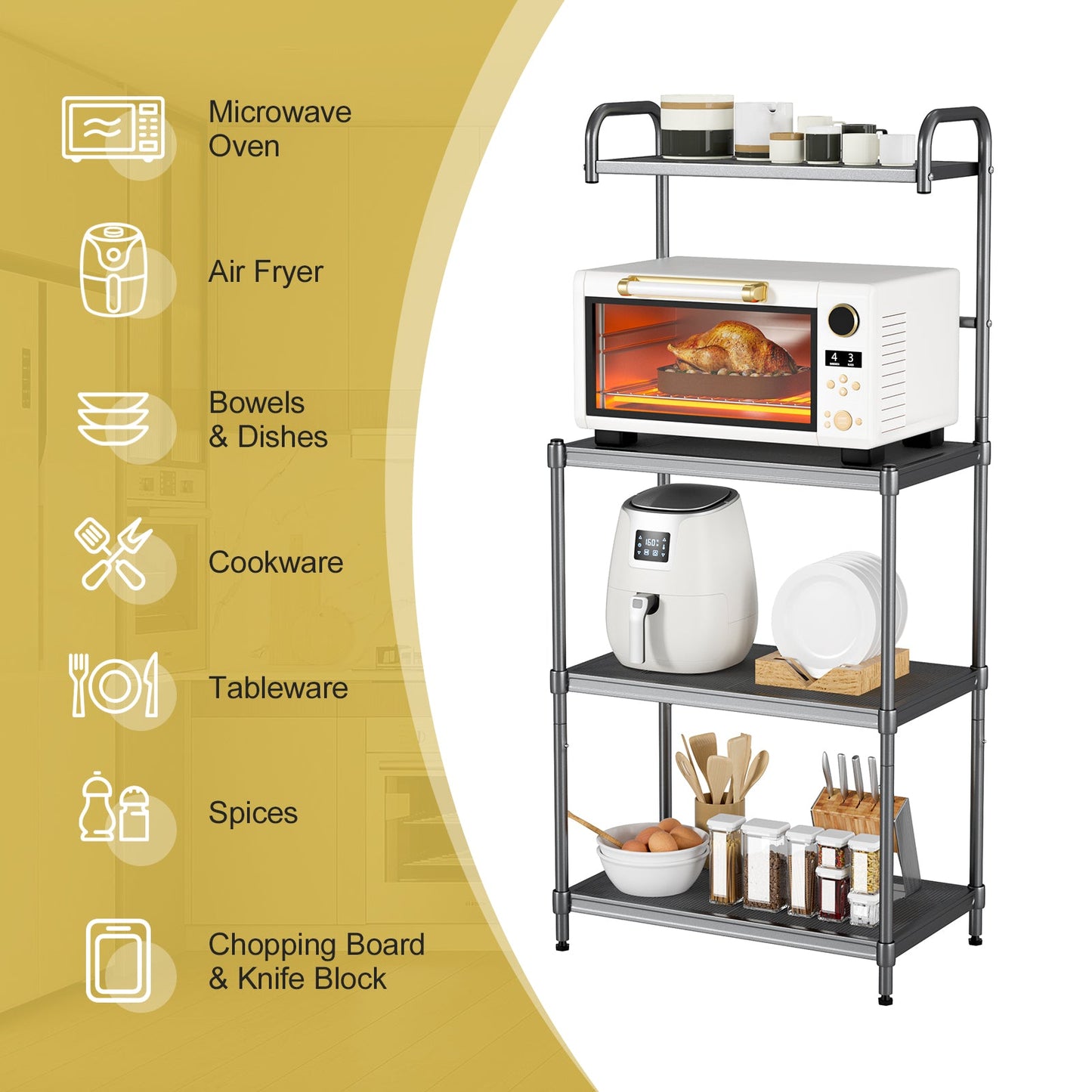 Estantería de panadero de 4 niveles Estante de almacenamiento de cocina Organizador