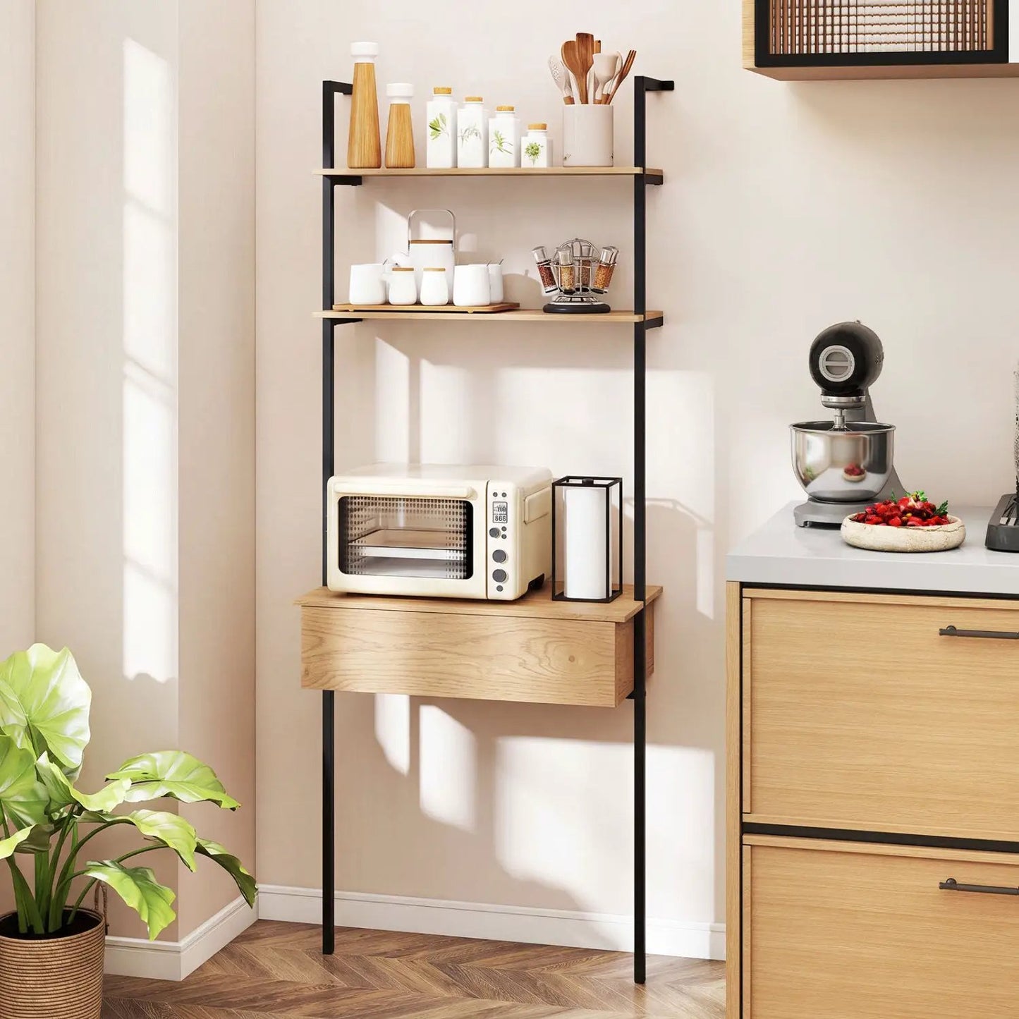 4-Tier Ladder Bookshelf with Drawer and Metal