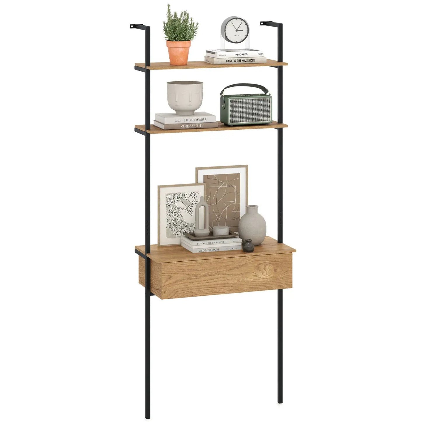 4-Tier Ladder Bookshelf with Drawer and Metal