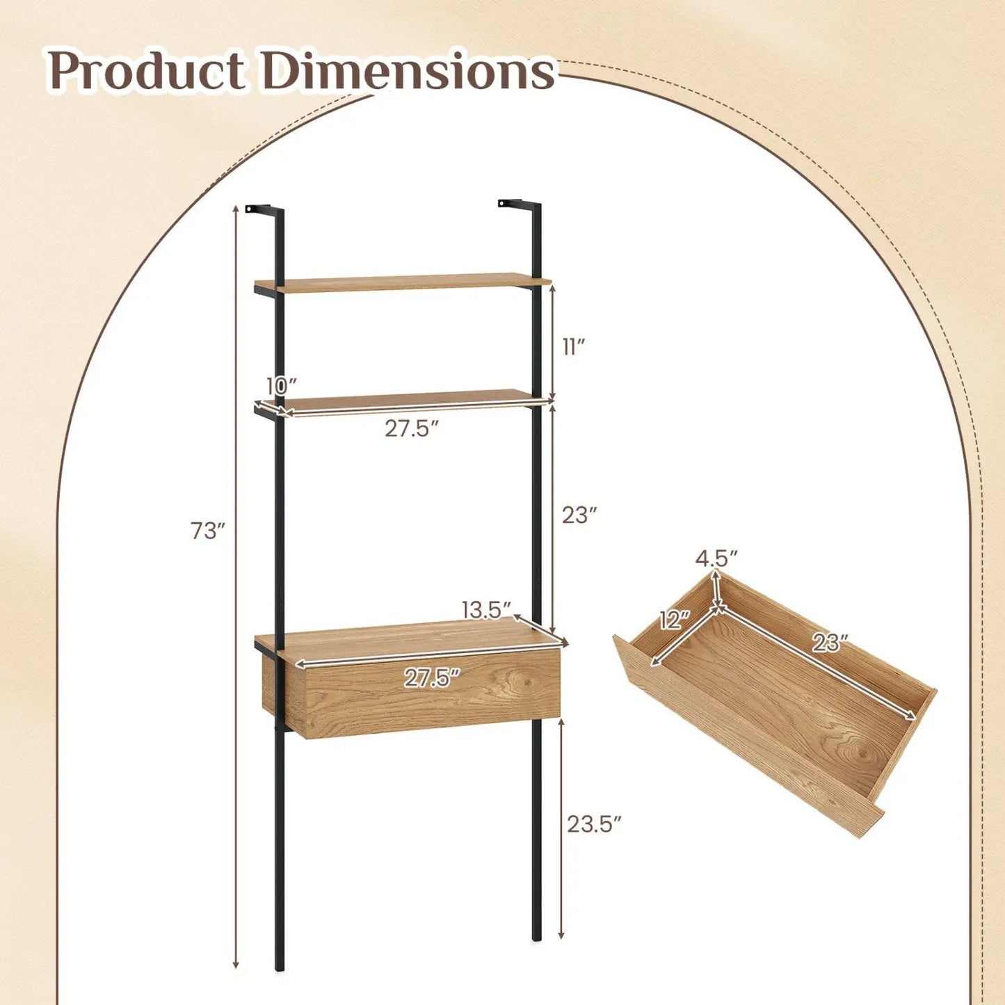 4-Tier Ladder Bookshelf with Drawer and Metal