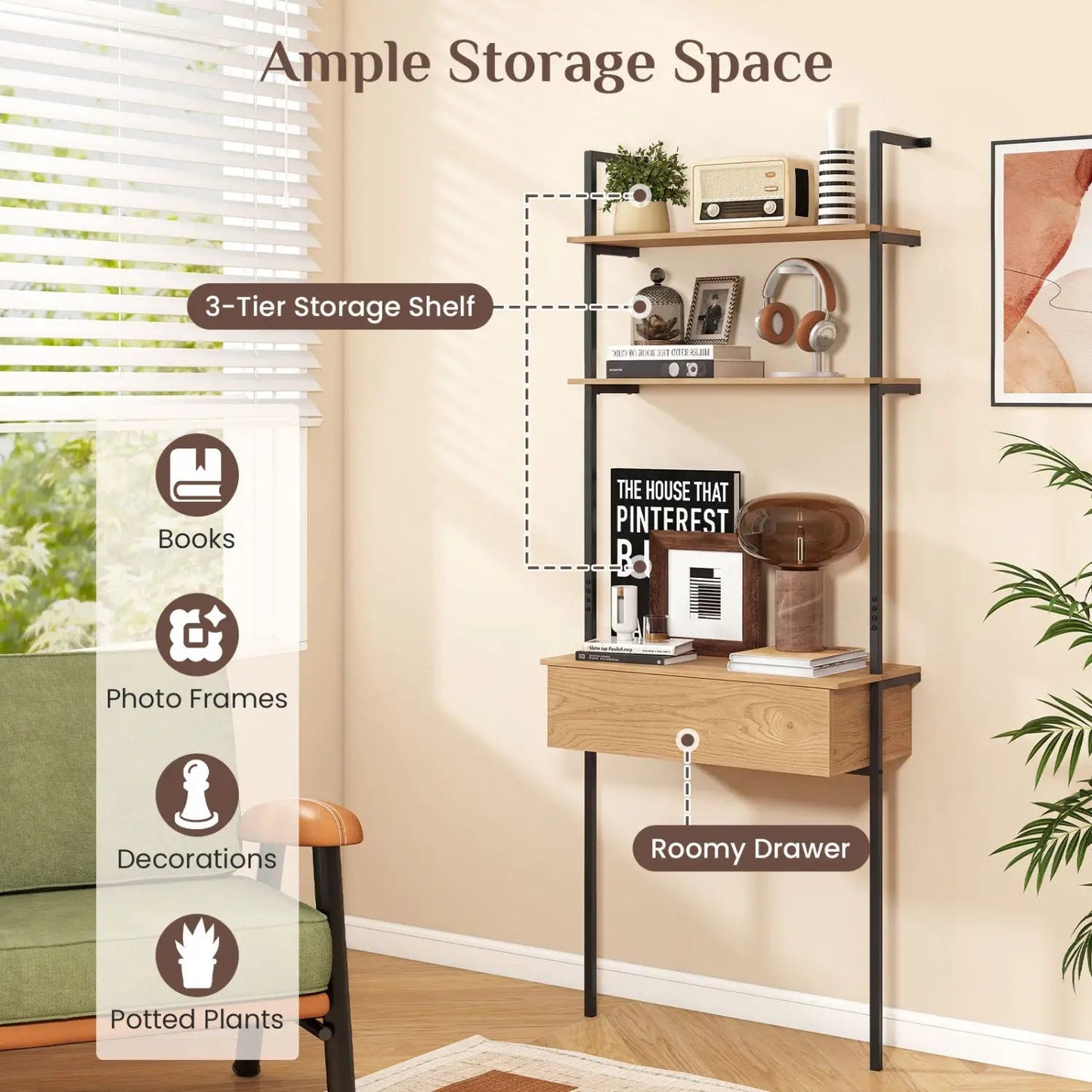 4-Tier Ladder Bookshelf with Drawer and Metal